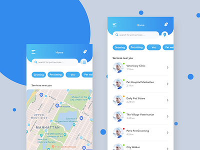 Pet Service App clean clean creative clean app clean app design creative list view map design map ui map view maps mock up mockup pet app pet business pet care pet design search bar searchbox tabs wireframe design