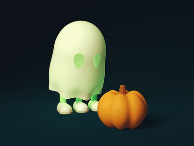 Little ghost with his toy 3d art blender character design drawing ghost illustration pumkin