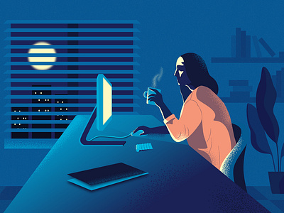 Working Night coffee computer illustration night office overtime window work work desk