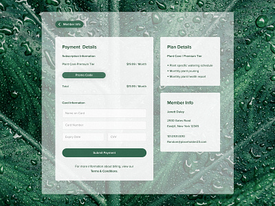 Plant Care Checkout app biology check out credit card green membership nature payment payment app plant sans serif subscription ui desgin web app