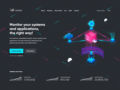 netdata website / homepage header hero activity art direction brand cta data developers geometric geometry hero area illustration informations isometric lights logo shapes statistics typography ui ux vector