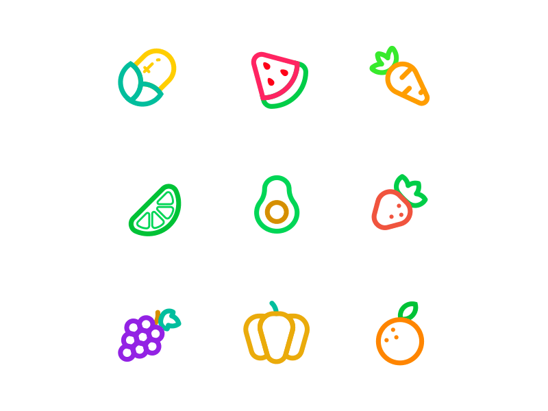 Fruits And Vegetable Icons - Outline app avocado carrot corn fruit grape icon illustration lemon orange outline pack pumpkin set strawberry ui ux vector vegetable watermelon