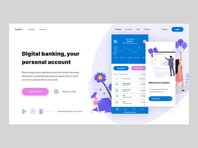 Cryptico - web adobexd android app banking crypto currency digital bank ios landing page mobile modern ui ux website