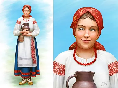 Russian medieval peasant woman apron cg character concept cook culture decorated dress folk girl headscarf hictoric medieval painting peasant russian slavic standing traditional woman