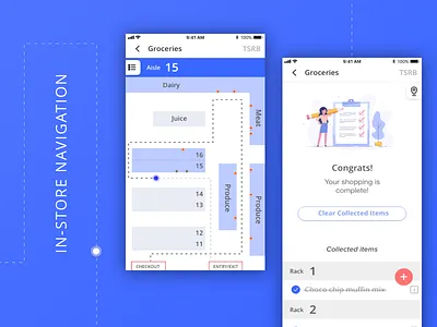In store navigation app error screen groceries illustration indoor navigation list location map mobile app navigation pickup shopping shopping list ux