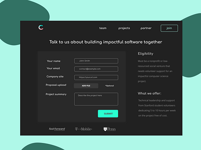 Stanford Code the Change Partner Sign Up college contact creative dark mode design partner partnerships sign up student submission ui
