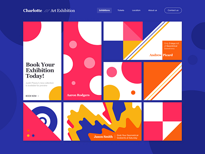 Charlotte Art Exhibition 2d app black blue branding clean color design flat gradient green illustration landing logo minimalistic typography ui ux web white