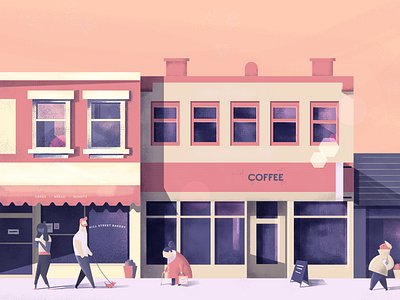 Sunset stroll barber cafe character design city coffee shop dog environment design flat design illustration illustrator lighting old lady photoshop sidewalk