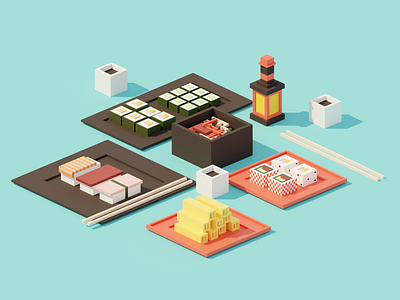 Sushi 🍱 3d asian asian food blender design food illustration isometric low poly lowpoly pastel render sushi