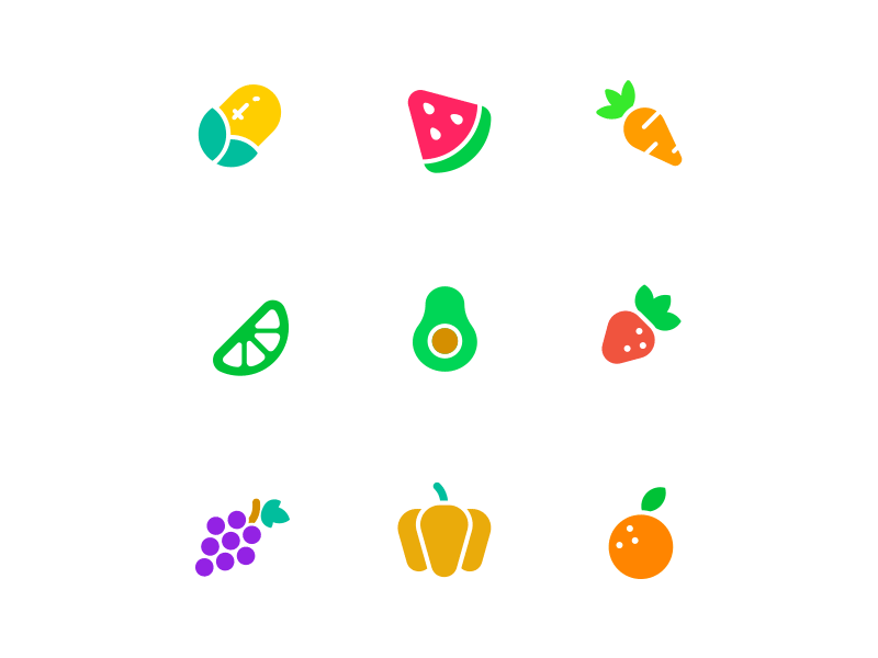 Fruits And Vegetable Icons - Flat acorn app avocado carrot flat grape grapefruit icon illustration lemon orange pack pumpkin set strawberry ux ux ui vector vegetable watermelon