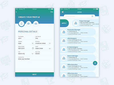 Job Application Screens create profile floating button jobs search jobs