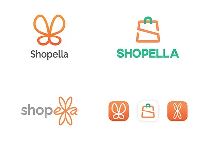 Shopella Logo Options app bag branding butterfly creative design flat graphic design green icon illustration logo orange shopping typography web