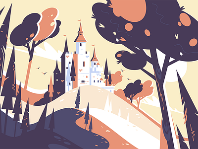 Old fairytale castle castle chateau fairytale flat hill illustration kit8 landscape old tree vector