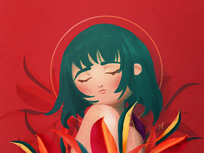 Love yourself blue hair close eyes colourful digital painting girl illustration leaves love pink plants short hair woman woman illustration