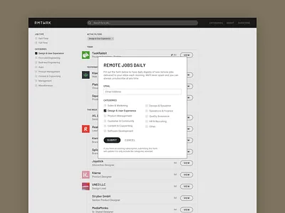 RMTWRK - Email Subscriptions app application clean design email flat form interface layout light mail modal overlay sign up signup simple subscribe subscription ui website