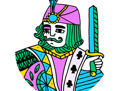 King of Clubs clubs deck of cards hand drawn illustration king moustache poker royal sword