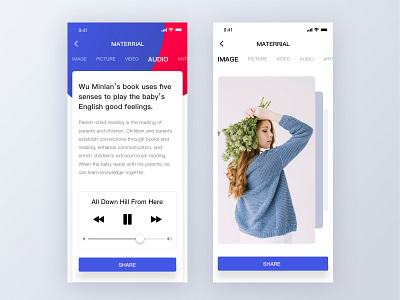 材料页面设计 app ui 卡片 女性 应用 播放 花 菜单 设计 详情 音频