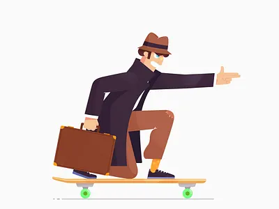 Detective Longboard 2d character character art character creation design detective illustration longboard suitcase vector