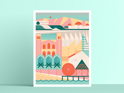 LA CA architecture city green illustration landmarks los angeles pink poster