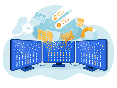 Gathering and structuring data using cloud storages cloud cloud app cloud services concept art data data analysis data design data management data visulization flat illustration illustrator infographic kubernetes mining servers structure ui ux vector