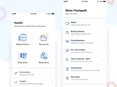 Health app new design app data grid health healthcare icons list medical mobile page profile tabs view