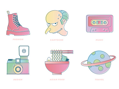 Personal Icons asian food cartoons cassette tape fashion icons design illustration lomography music photography planets ramen simpsons travel vector