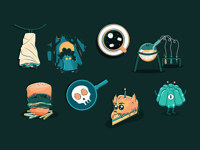 Drawlloween 03 aliens burger burrito character design drawlloween food frankenstein halloween hot chocolate illustration moon ramen vector