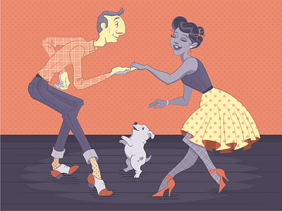 Character Illustraton - Roger & Lindy (& Biscuit) book illustration character character design cute dance dancing dog illustration illustrator lindy hop orange purple swing dance yellow