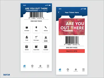 Ticket Exploration for music festival app app appdesign clean colors festival app flat menu menucard ticket ticket design ui ui ux ui ux design ui 100 vector