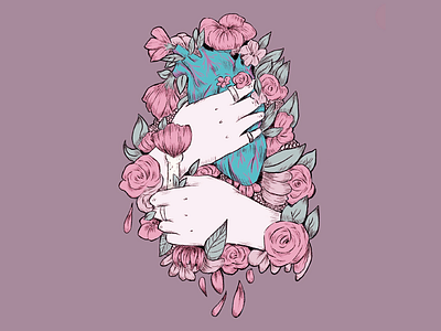 Unpopular Version of Hand Holding Flower anatomical heart art blue bones design detailed drawing ink editorial art flat flat background flower hand hand concept hand holding flower hand holding heart heart ink art muted colors procreate app squeeze