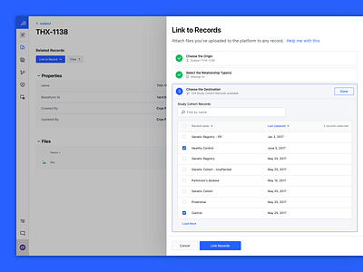 Sliding Panel for Linking Graph Records bulk select clinical data management graph database healthcare ui