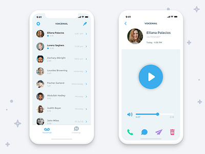 Play Voice Message app call contacts delete design forward ios list message messager mobile play button ui ui design user interface ux design voice message voicemail