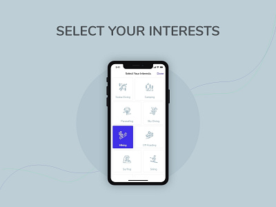 Adventures-Select Your Interests screen adventure app design icon interests ios ios design iosapp onboarding select interests tourism ui ui ux ui desgin uiuxdesign ux