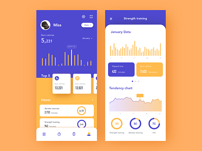 Exercise data data exercise data fitness interface purple ui ux yellow