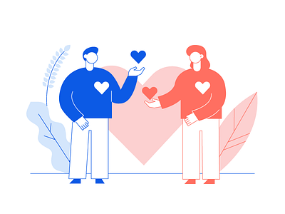Give me your heart blue cartoon characters design flat give heart illustration living coral love man minimal people pink romantic st valentines day valentine day valentines vector woman