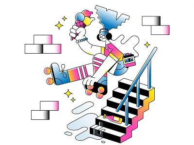 Roller Girl!âš¡ bottle character girl gradients icecream illustration jump riso roller skate skating stairs streets vector walkman