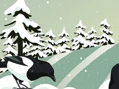 Magpies and snow II animal illustration bird gradient illustrated illustration landscape illustration nature outdoors snow texture textures vector winter