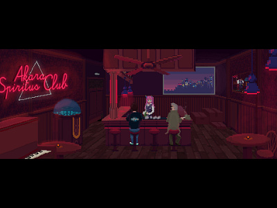 Rework The Red Strings Club 25years later 80s adobe after after effects bar buildings city club illustration pixel pixel art red strings theredstringsclub