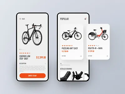 Bicycle interface app bicycle buy card design detail image orange price riding travel ui ux