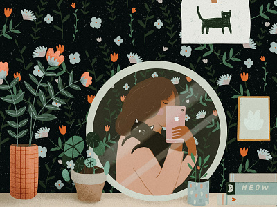 Cat lady selfie ✨ cat cat illustration cat lady deco female character flower girl character girl illustration illustration illustration art illustrator interior scene kids illustration mirror motifs pattern plants selfie wallpapers