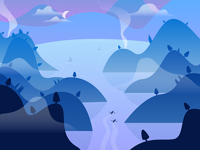 Magic Land design flat design graphic design illustration illustrator lake landscape magic night vector art