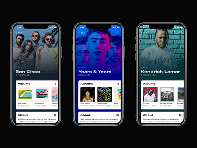Artist Profile about album app artist bio color cover dailyui gradient interface location mobile music swipe ui uidesign ux uxdesign