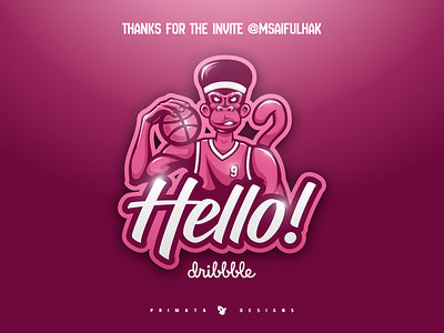 Hello Dribbble basketball design dribbble esports first shot hello dribbble hello! invite logo monkey sport logo sportlogo thanks typography vector vector art vector artwork