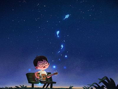 鱼仔 2d art art boy character child children concept art design fish guitar illustration kid night play guitar song ukelele
