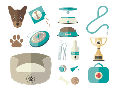 Dog World Vector Icon Set animal ball bed bone collar dog first aid kit food bowl footprint frisbee icon leash pipette scissors set shampoo treat trophy vector water bowl