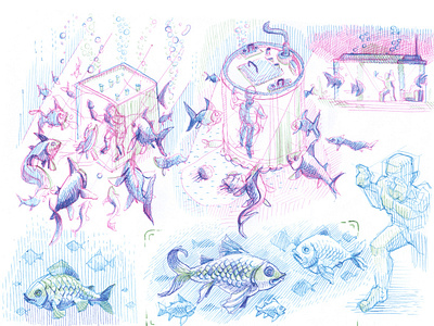 quick sketches for Aquarium theme character design concept art etching game development gamedev hatching illustration sketch