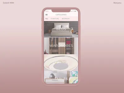 Daily UI #099 - Categories app concept app design app designer bed bedroom clean daily ui daily ui daily ui 099 e commerce app e commerce shop elegant furniture lighting mobile app mobile design pink table wardrobe woman