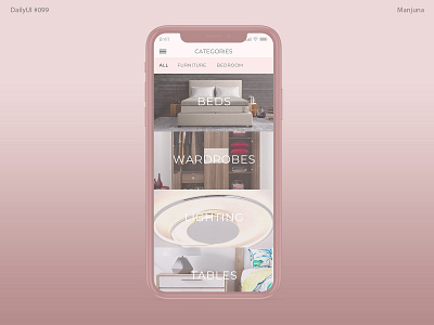 Daily UI #099 - Categories app concept app design app designer bed bedroom clean daily ui daily ui daily ui 099 e commerce app e commerce shop elegant furniture lighting mobile app mobile design pink table wardrobe woman