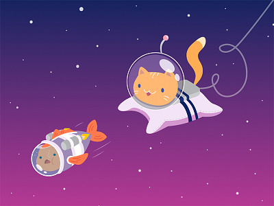Сat fishing in space illustration art cat cosmos fish flat illustration minimalism vector