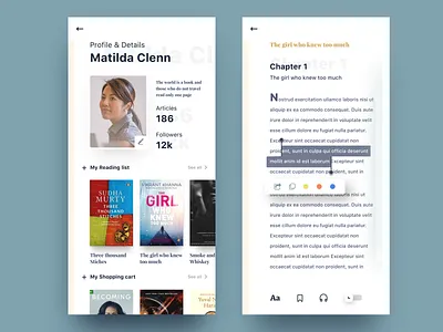Book app | Profile & reading page app book book art design highlight home page icon illustration ios iphone logo mobile nice100 ps she space sudhan typography ui ux